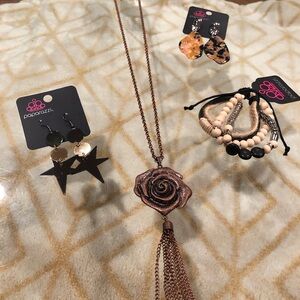 Paparazzi Copper Rose Pendant Necklace with Tassel, Earrings and Bracelet Set.